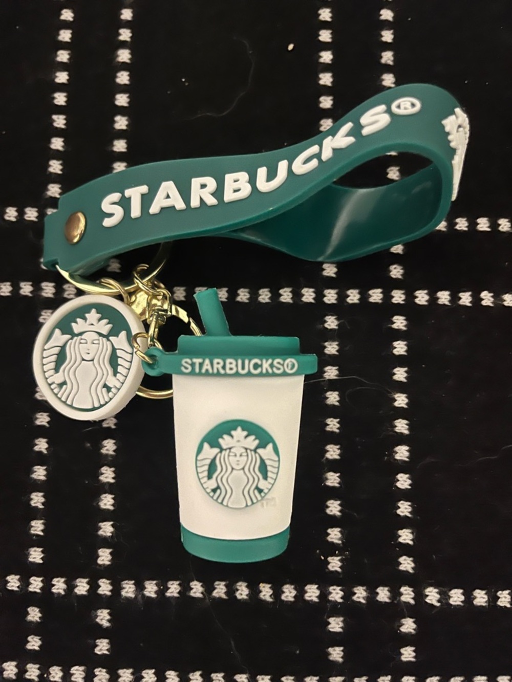 Starbucks Teal and White Silicone Keychain with Cup and Logo Charms